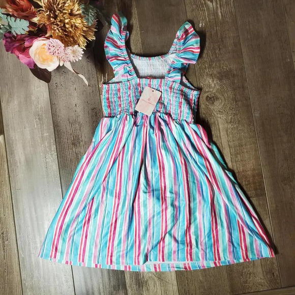 NWT Tommy Bahama Striped Sleeveless Girl Summer Dress Size 5 Blue Pink - Picture 2 of 13